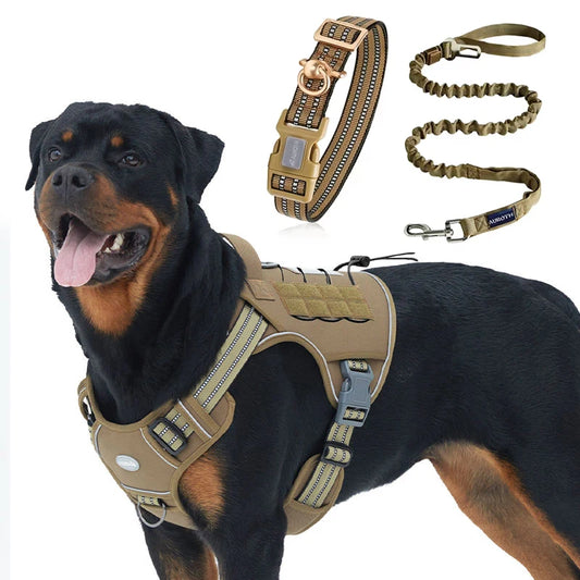 Custom Logo Adjustable Nylon Reflective No Pull Tactical Dog Collar Leash and Harness Set Dog Vest Harness Set for Large Dogs