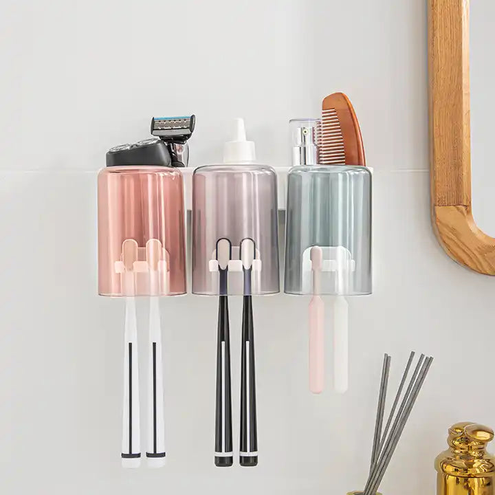 Wall Mounted Bath Storage Organizer Toothbrush Holder with 2 clear cup