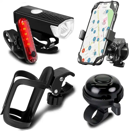 Set Water Bottle Holder Silicone Bike Phone Mount Aluminum Bicycle Bell USB Rechargeable Bike Light