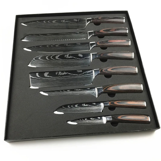 8 PCS Handmade Knife Damascus Steel Layer Pattern Kitchen Chef Knife Set