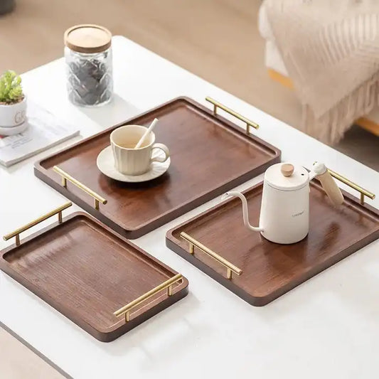 Rectangular Wooden Serving Tray with Stainless Steel Handle