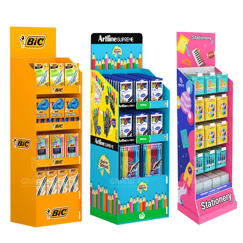 Custom Stationery Cardboard Display Stand Office Supplies Floor Display Shelf Supermarket BTS Corrugated Paper Display Racks