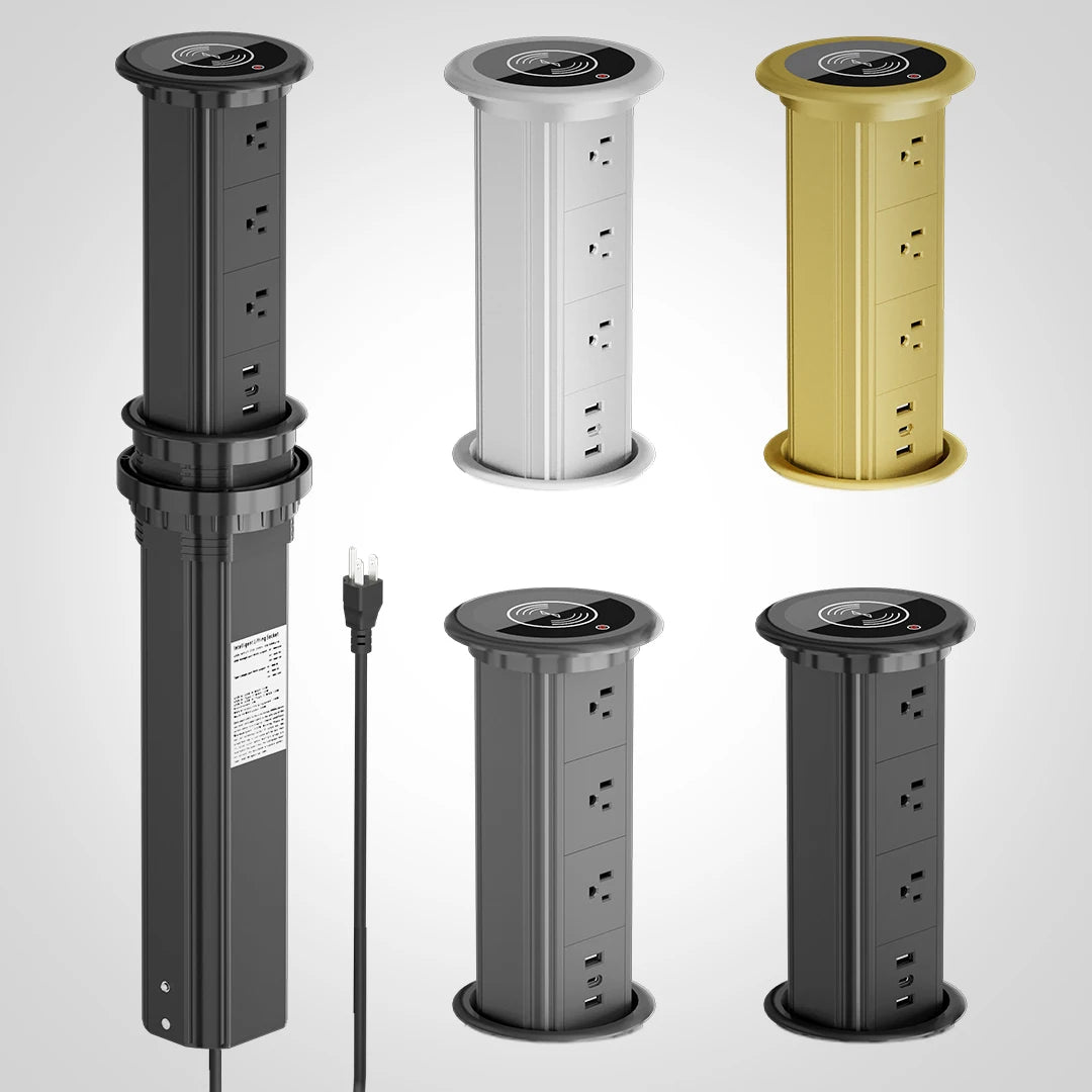 Universal Black Standing Power Outlet Smart Motorized Pop up Lifting Tower USB C 10W Wireless Charging Socket for Home Office