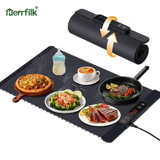 Herrfilk Food Warmer Pad Silicone Electric Warming Tray with 6 Temperature Settings Rollable Food Warmer Plate Food Warming Mat