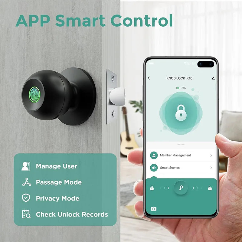SmartDoor Knob Fingerprint Door LockSmartLock with App Control Blue Door Lock forHome