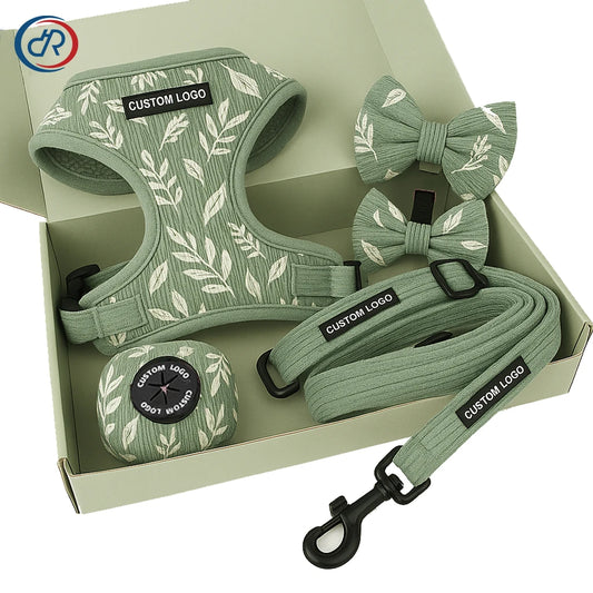 OKKPETS Puppy Accessories Green Corduroy Velvet Dog Harness Set Custom Rubber Logo with Pet Leashes Collars Kit