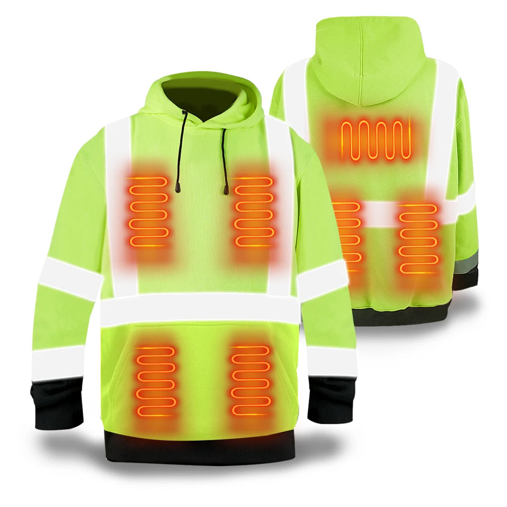 Keep Warm Hi-Vis Safety Hoodie Pullover Class 3 Reflective Sweatshirt Battery Powered Heated Sweatshirt