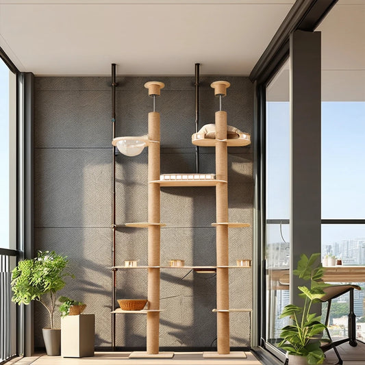 Solid Wood Cat Tree Tower Floor Ceiling Cat Climbing Wooden Frame Adjustable Height Cat Tree Sustainable Feature Ceiling Access
