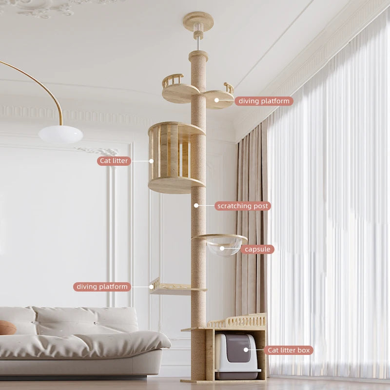 5-Tier Tower Cat Climbing Tree Solid Wood Frame Floor To Ceiling Cat Tree House Adjustable Height Bed Wooden Cat Tree Tower