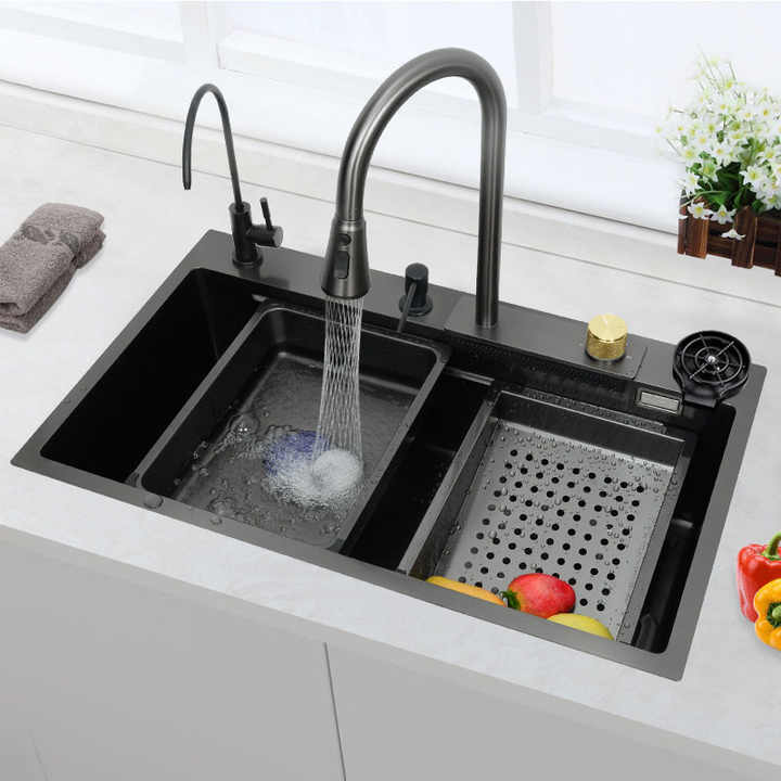 Kitchen Sink Black Nano Single Modern Stainless Steel Waterfall