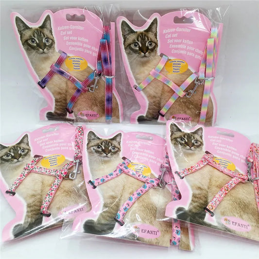Pink Color Adjustable Cartoon Patterns Custom Cat Harness and Leash Set
