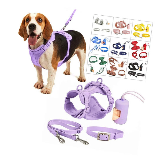 Adjustable Soft Air Mesh Poop Bag Holder Environmental Waterproof PVC Silicone Pet Dog Collar Leash Harness Set Simple Nylon