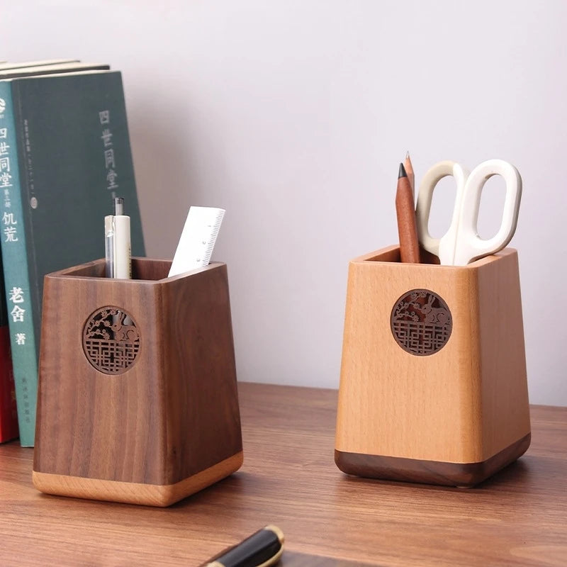 Solid Wood Custom Logo Office Desk Surface Panel Storage Box Black Walnut Pen Holder with Chinese Retro Style Novelty Gifts