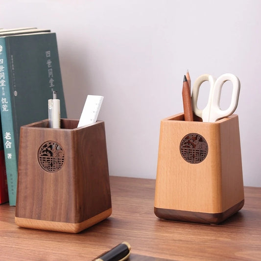 Solid Wood Custom Logo Office Desk Surface Panel Storage Box Black Walnut Pen Holder with Chinese Retro Style Novelty Gifts