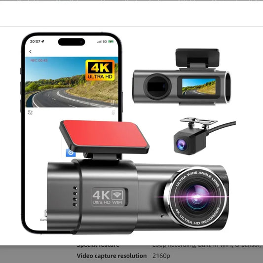 Compact 4K WiFi Night Vision G-Sensor Loop Recording Front Rear Car Monitoring Black Box Dash Camera for Safe Driving