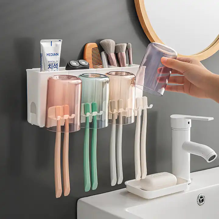 Wall Mounted Bath Storage Organizer Toothbrush Holder with 2 clear cup