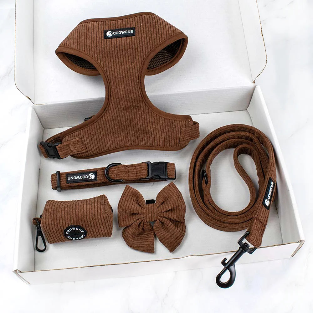 Coowone Corduroy Dog Harness Leash Set Customized Pet Harness Dog Collar Leads Poop Bag Holder Bow Tie Pet Supplies