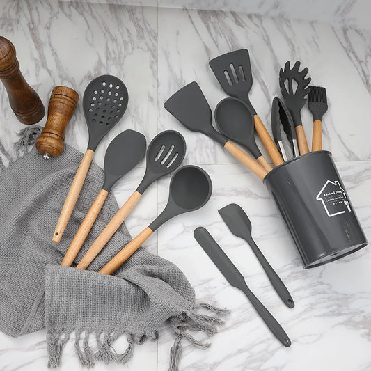 Top Seller Silicone Kitchen Cooking Utensils Heat Resistant Non Stick Kitchenware Spatula Utensils Set With Wooden Handle