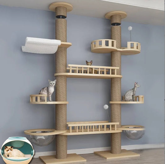 Luxury Floor to Ceiling Cat Tree Tower Wooden Cat Climbing Tower With Scratching Posts Cat Tree