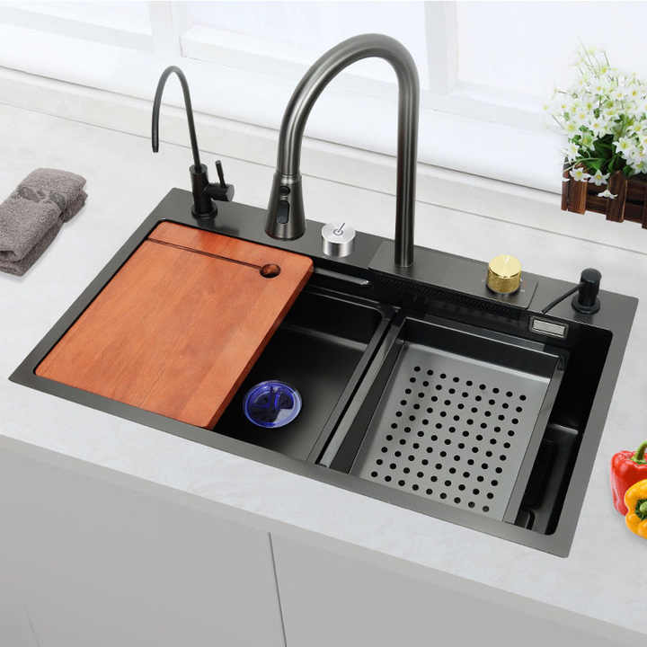 Kitchen Sink Black Nano Single Modern Stainless Steel Waterfall