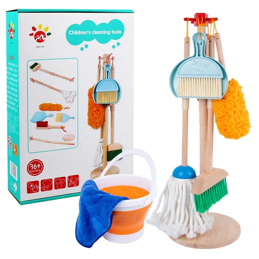 Hot Sales Unisex Children's Early Educational Housekeeping Toy Cleaning Set Wood Simulating Kit in Color Box Packaging