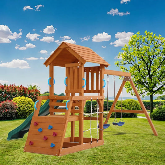 Children Wooden Outdoor Playground Climbing Frame Slide Kids Swing Set