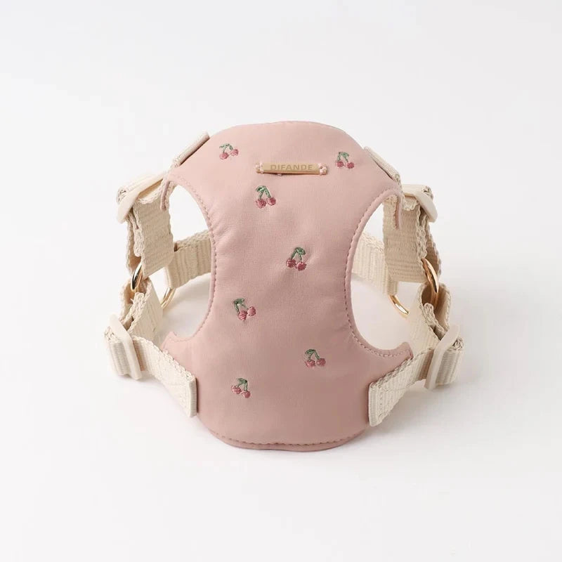 Cute Embroidered Dog Harness Adjustable Pink Nylon Pet Vest Soft Mesh Harness for Small Dogs and Cats