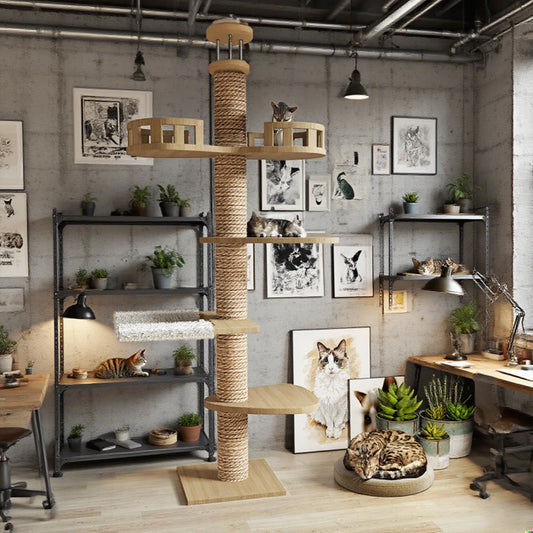 Multi-level Cat Tower Scratching Post Adjustable Height Wooden Floor To Ceiling Cat Tree Cat Climbing Frame Wood Play Furniture