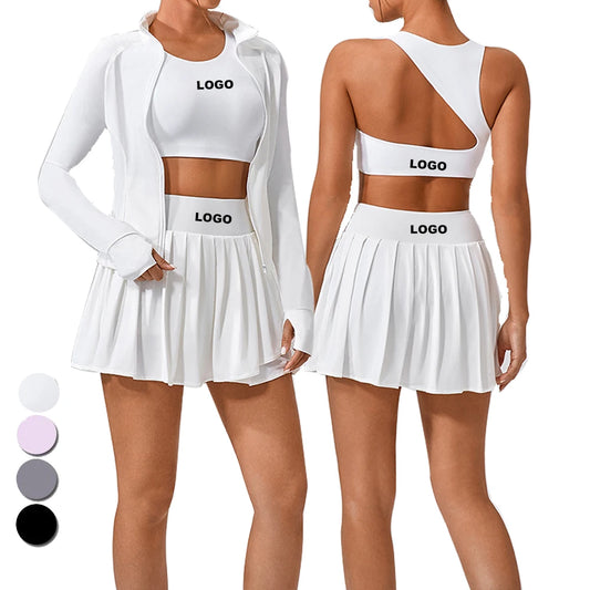 High Impact Bra Tennis Skirts Dress UPF50+ Zipper Long Sleeves Jacket 3pcs Exercise Set Fitness Yoga Outfits Women Workout Suits
