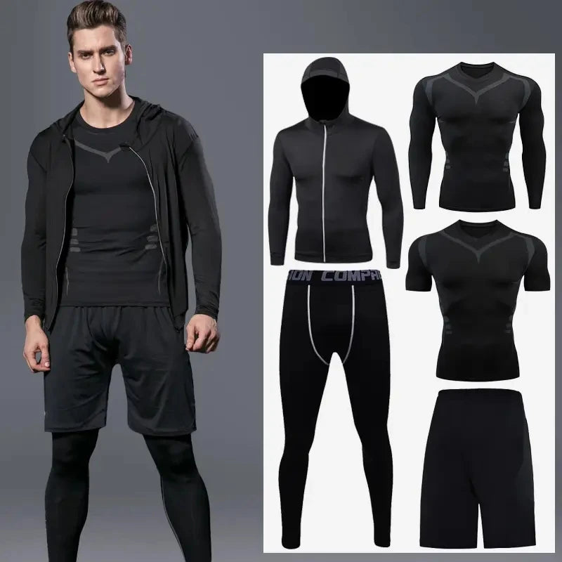 Wholesale Custom logo Men 5-pieces Suits High Elastic Quick Drying Breathable Sportswear Gym Fitness Set