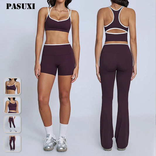 PASUXI Wholesale Gym Wear 4 Piece Sport Clothes Sleeveless Crop Top Fitness Yoga Bra Shorts Leggings Sets Sportswear
