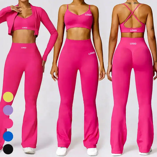 Custom Seamless Sportswear Set Solid Pattern Sport Bra Jacket Long Sleeves Pants-3 Piece Gym Fitness Yoga Activewear Suit