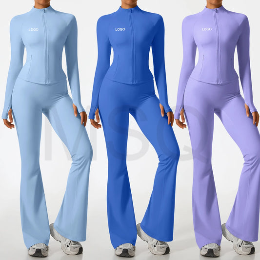 Nude Feeling Activewear Women's Sportswear Clothing Flared Pants Leggings Women Fitness Zipper up Jacket Two Piece Yoga Sets