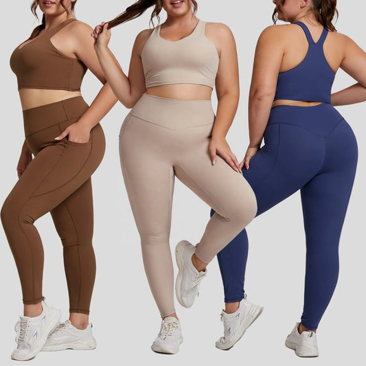 Wholesale Plus Size Women Sports Clothing Suit Sports Bra High Waist Pocket Leggings Set Gym Fitness Sets Yoga Oversize Sets