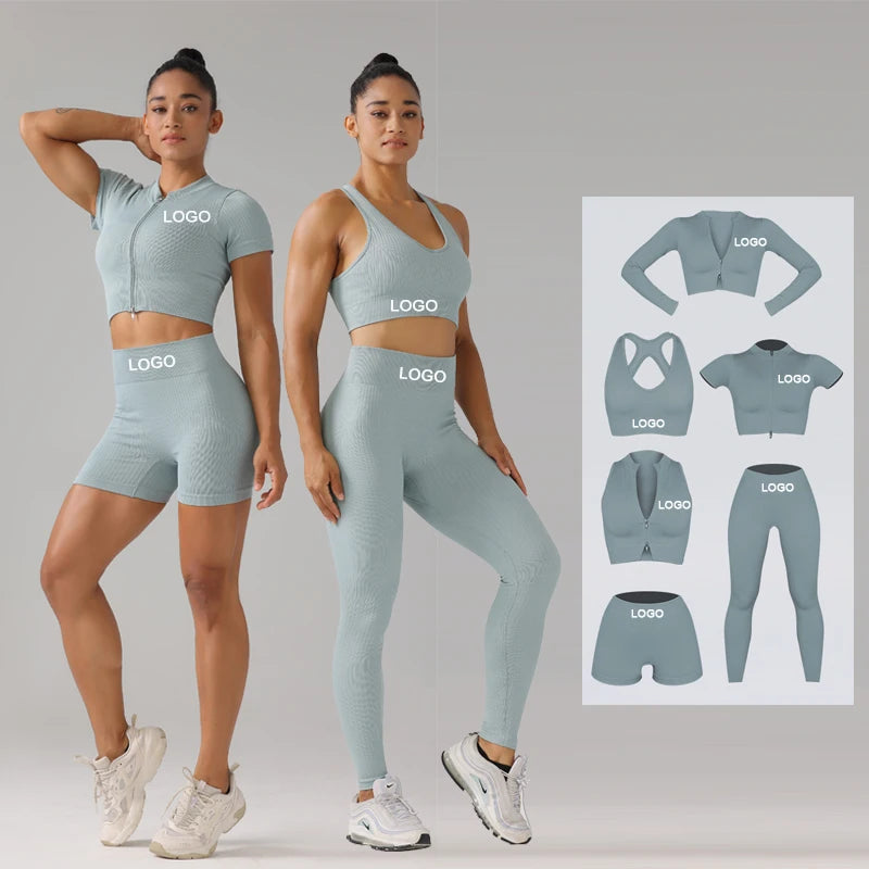 High Quality Ribbed Zipper 6 Pcs Active Wear Fitness Seamless Yoga Set Sports Bra Leggings Workout Sets for Women