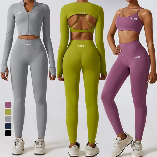 Autumn Winter Women's Gym Sportswear Set Solid Bra Smock Tights Crop Top Long Sleeve Jacket Leggings Yoga 4-Piece Workout Set