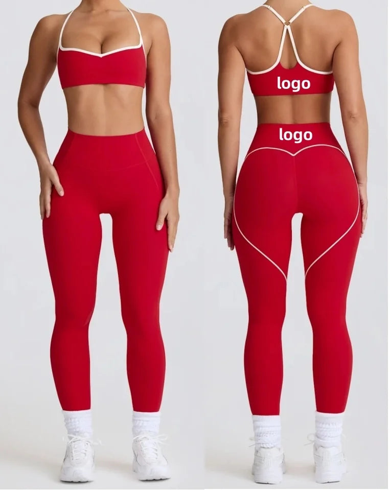 Custom Logo Contrast Color Heart Active Wear Gym Fitness Sets Women Workout Pilates Yoga Clothes Sportswear Suit