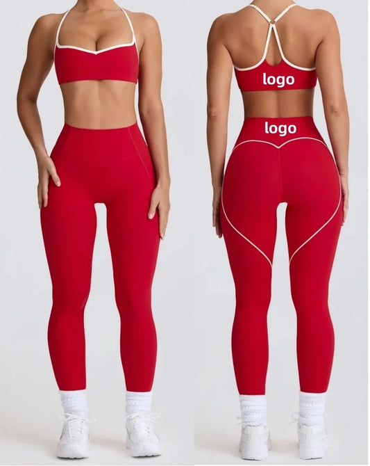 Custom Logo Contrast Color Heart Active Wear Gym Fitness Sets Women Workout Pilates Yoga Clothes Sportswear Suit