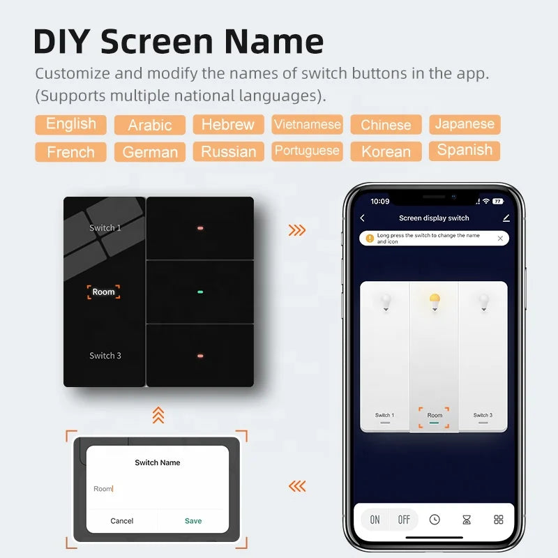 Tuya WiFi Smart Home Product DIY Name Wall Lighting Switch with LED Display Panel 86x86mm 1 2 3 4 Gang Controller