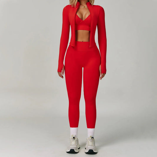 Women's Fitness Gym & Yoga Quick Dry Breathable Zippers Athletict Sportswear Seamless Tops and Leggings 3 Pieces Gym Suits