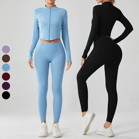 Wholesale Sports Outfit Yoga Clothes Gym Fitness Athletic Activewear Scrunch Leggings Yoga Jackets Long Sleeve Workout Sets