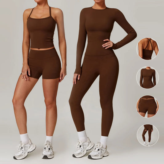 Private Label Workout Wear Sets Women Fitness Gym Clothing Sports Long Sleeve Top High Elastic Leggings Shorts Yoga Sets