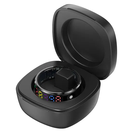 -R12 Smart Ring - 5ATM Waterproof, Sleep & Heart Rate Tracker, / Charging Case - Black, Size 9