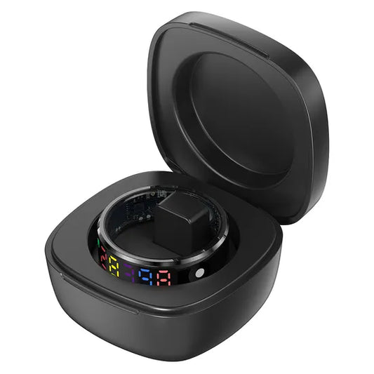 -R12 Smart Ring - 5ATM Waterproof, Sleep & Heart Rate Tracker, / Charging Case - Black, Size 9